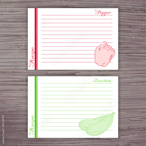 vector lined recipe card with vegetables on wooden background. Pepper, zucchini