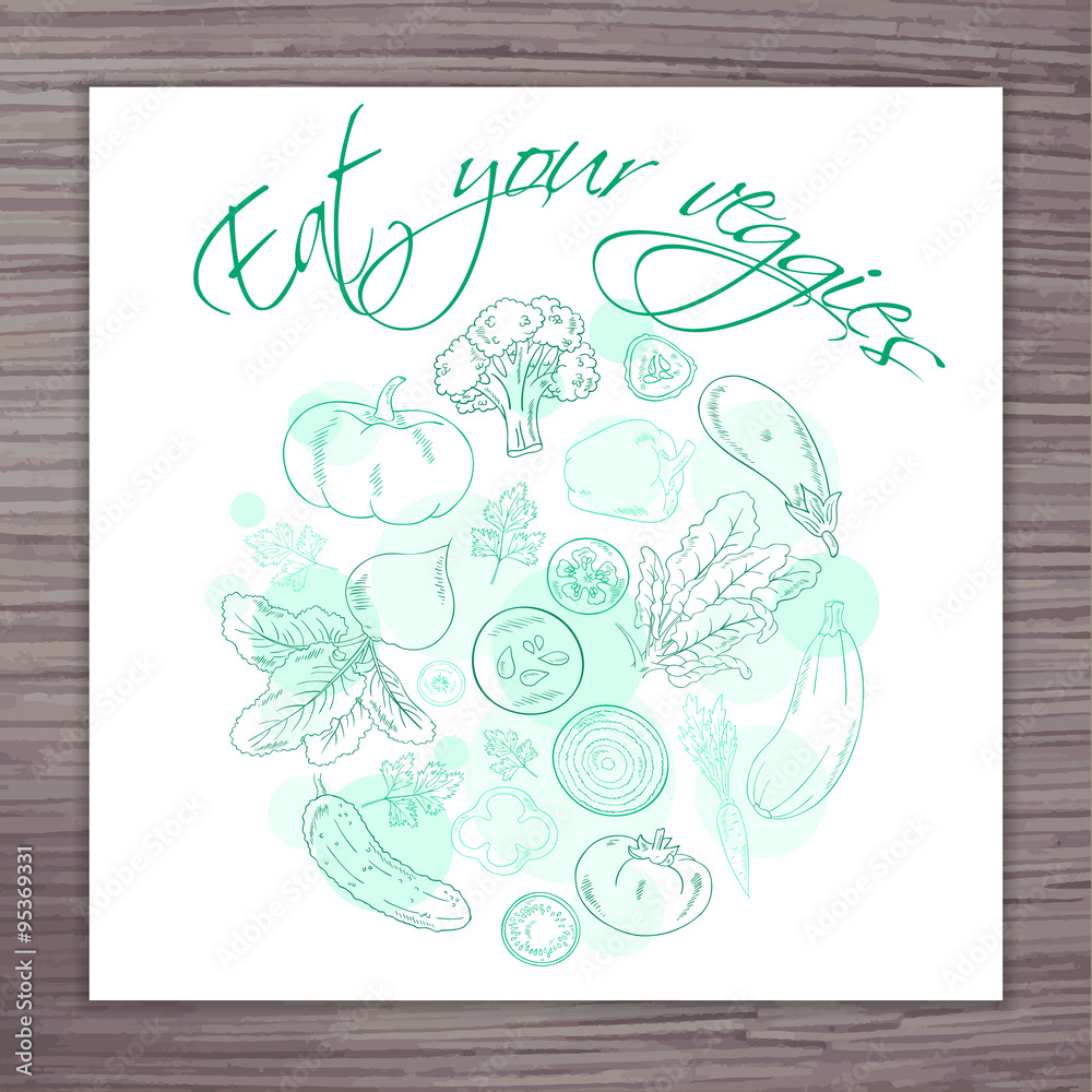 vector hand drawn poster with vegetables circle and label 