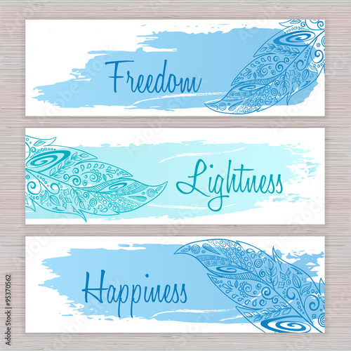 vector printable hippie banners with hand drawn zentangle feathers with artistic brush stroke  and labels