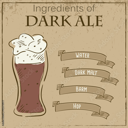 Vector vintage illustration of card with recipe of dark ale. Ingredients are written on ribbons.