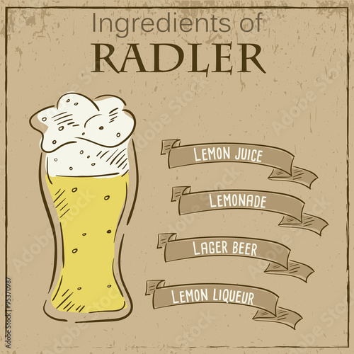 Vector vintage illustration of card with recipe of radler beer. Ingredients are written on ribbons.
