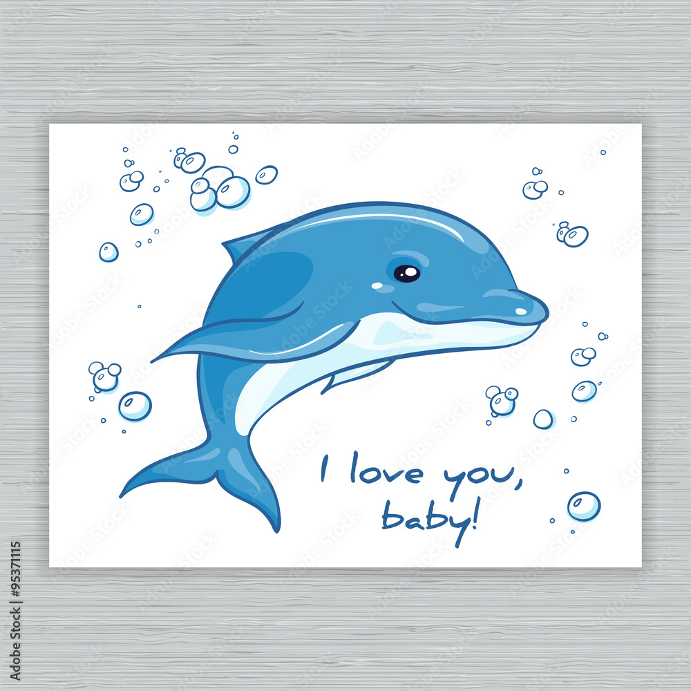 Naklejka premium vector hand drawn printable illustration with cartoon dolphin and bubbles. Can be printed on t-shirts, pillow, poster, mug, bag, card