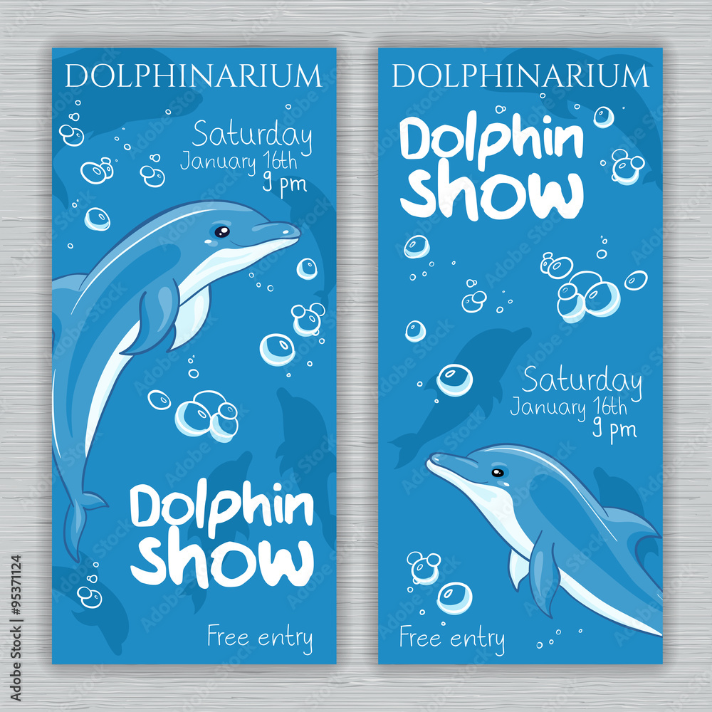 Obraz premium vector set of printable dolphinarium banner with hand drawn cartoon dolphins and text. Can be used as a ticket design
