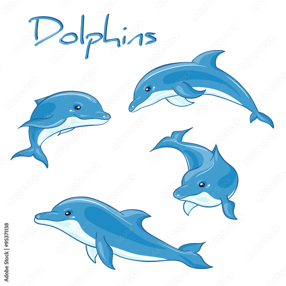 Obraz premium wektor wyciągnąć rękę zestaw delfinów kreskówek w różnych pozach