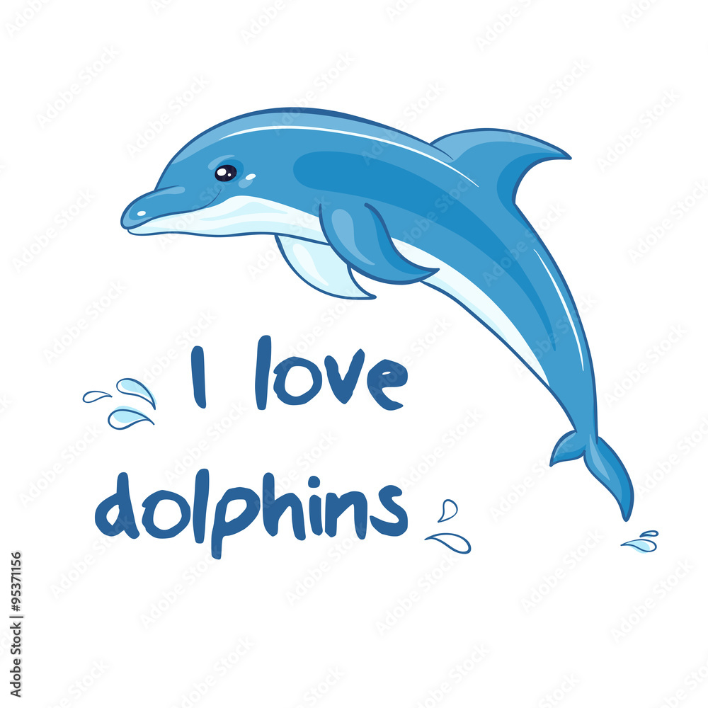 Naklejka premium vector hand drawn printable illustration with jumping cartoon dolphin and splash. Can be printed on t-shirts, pillow, poster, mug, bag