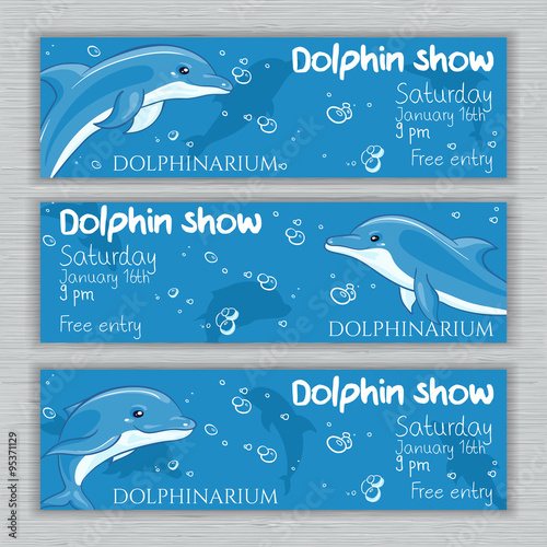 vector set of printable dolphinarium banner with hand drawn cartoon dolphins and text. Can be used as a ticket design