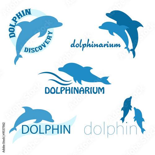 vector set of dolphinarium design of logo with dolphins and label