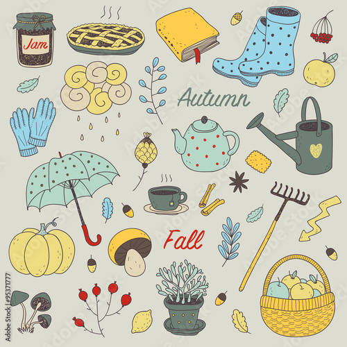colorful hand drawn vector fall set