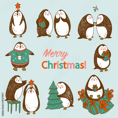 vector christmas postcard with cute penguins