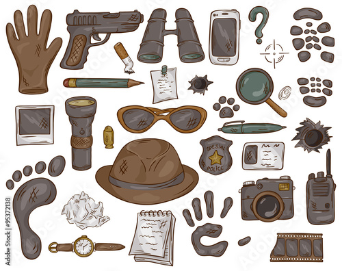 vector hand drawn set of illustration with  detective tools and evidence
