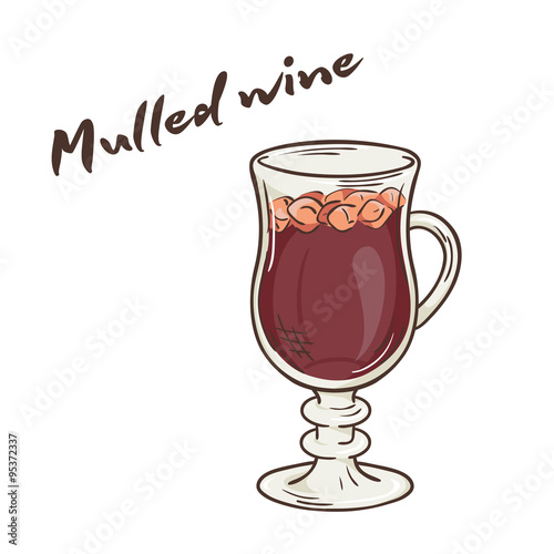 vector printable illustration of isolated cup of mulled wine with label