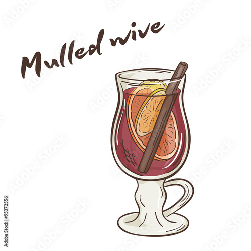vector printable illustration of isolated cup of mulled wine with label