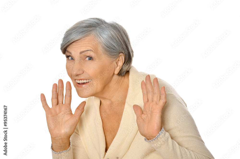 Senior woman  raised her hands