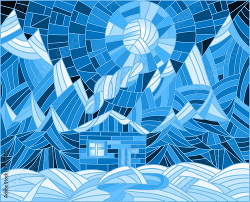 Winter landscape in the stained glass style with a lone house on a background of mountains and the night sky