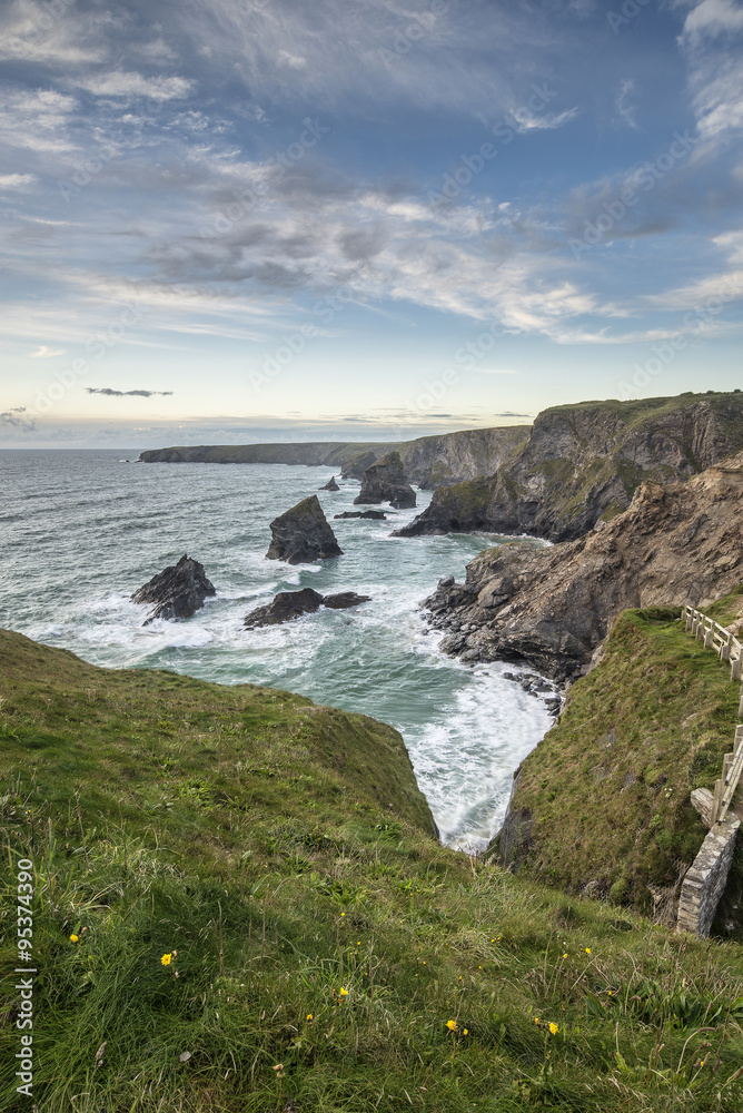Stunning landcape image of Bedruthan Steps on Cornwall coast in Stunning landcape image of Bedruthan Steps on Cornwall coast in