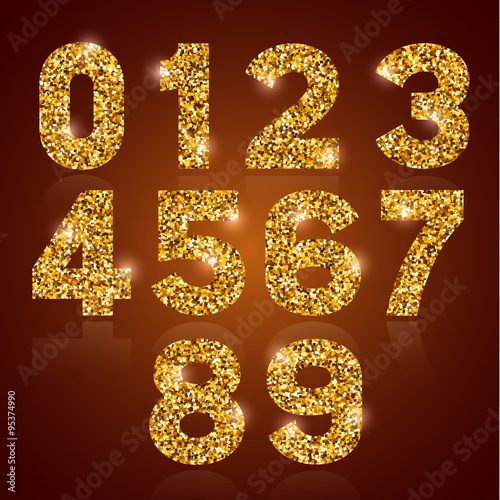 Set of luxury golden digits with gold glitter texture, shiny and glowing. Vector illustration.