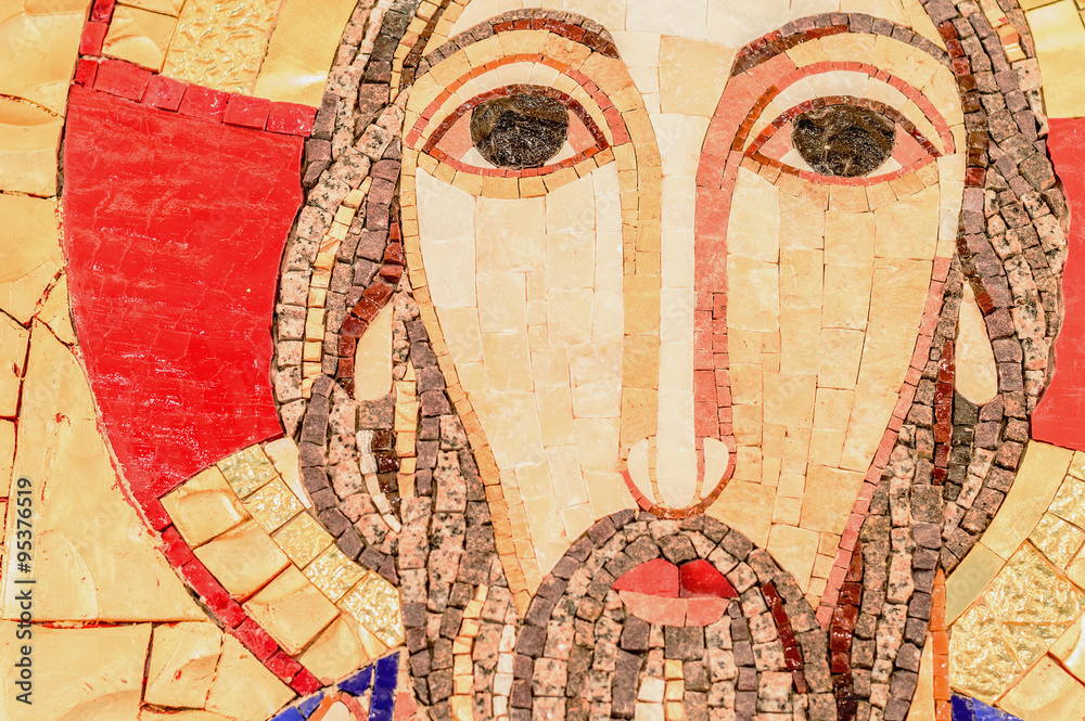Detail of the face, eyes of Jesus Christ in mosaic - obrazy, fototapety, plakaty 