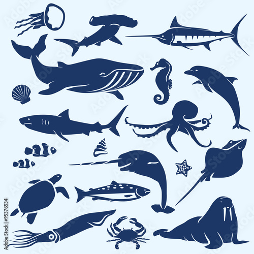 sealife, sea and ocean animals and fish silhouettes collection