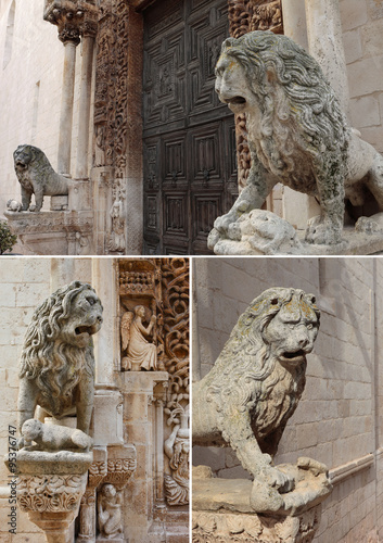 Collage of Altamura Cathedral lions, Apulia, Italy