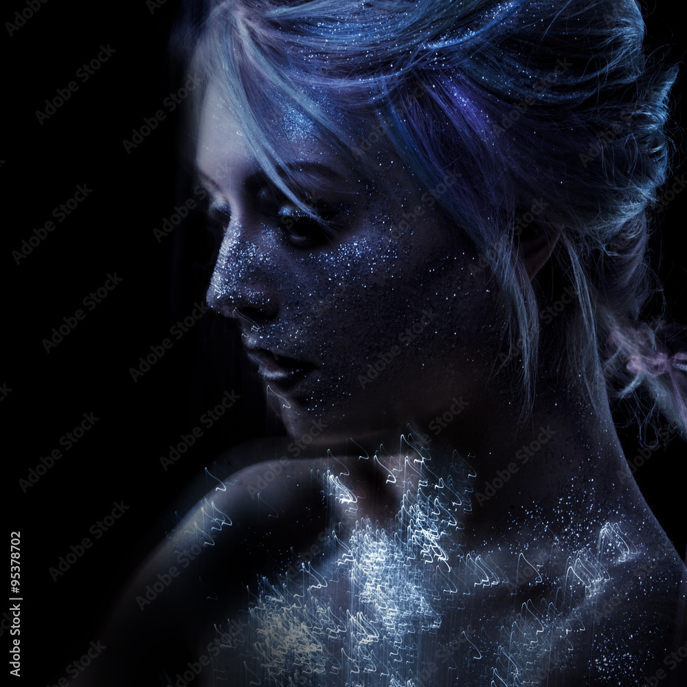 ghostly woman, soul. Portrait of a movement effect, creative body art on theme space and stars ghostly woman, soul. Portrait of a movement effect, creative body art on theme space and stars