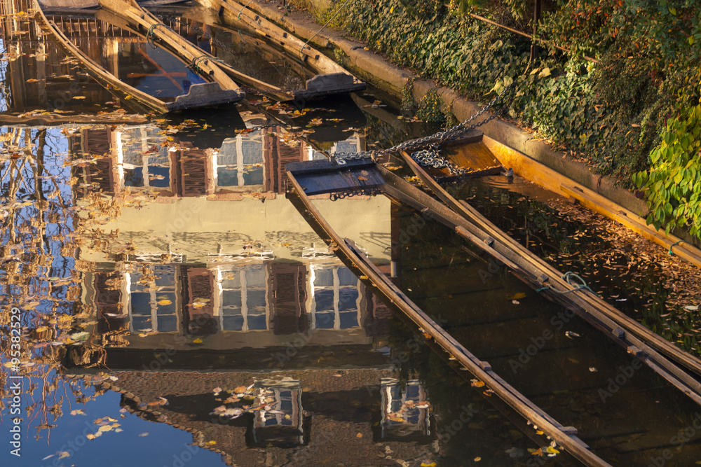 Boats full of water in Colmar town in Alsace, France