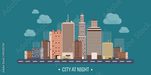 Vector illustration. Set of city silhouettes. Cityscape. Town skyline. Panorama. Midtown houses. Skyscrapers