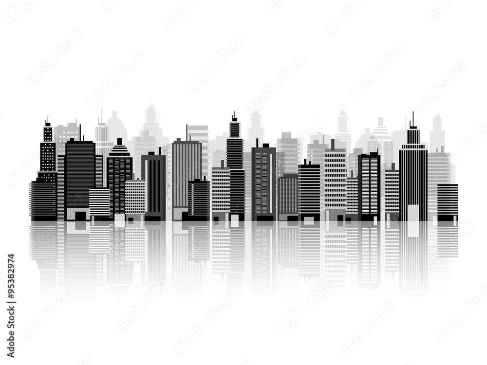 Vector illustration. Set of city silhouettes. Cityscape. Town skyline. Panorama. Midtown houses. Skyscrapers