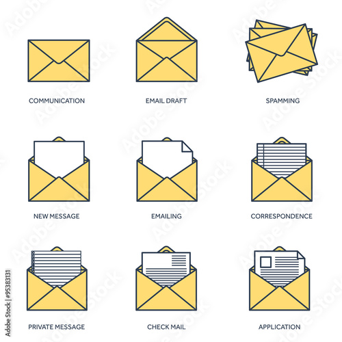 Vector illustration. Flat background with envelope. Emailing concept background. Spam and sms writing.Lettering