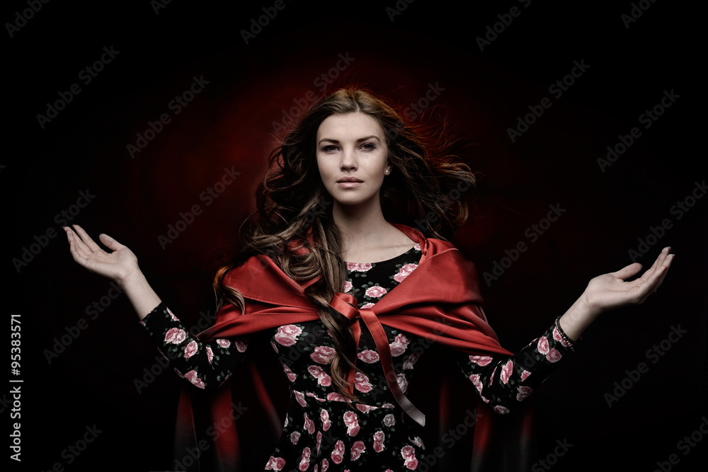 beautiful woman with red cloak in studio beautiful woman with red cloak in studio
