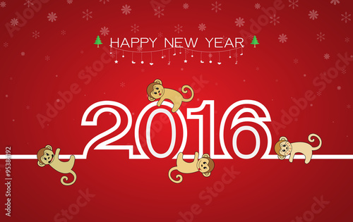 Vector image of an monkeys and 2016 numbers on red  background