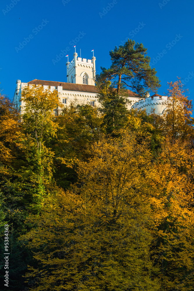     Roof of the Castle of Trakoscan above trees on hill in autumn, Zagorje, Croatia 