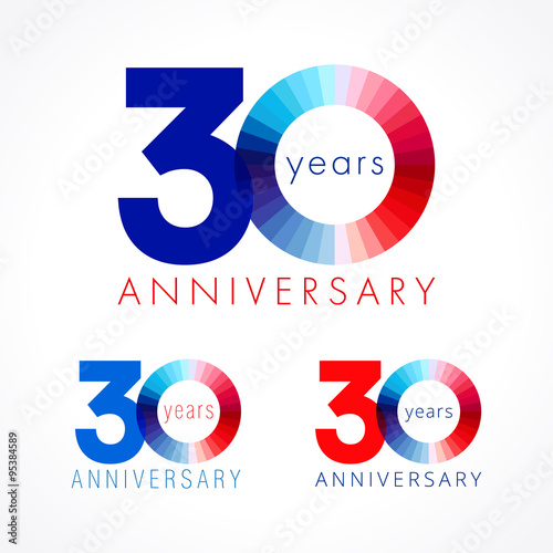 30 anniversary red and blue logo. The colorful template icon of 30th birthday.