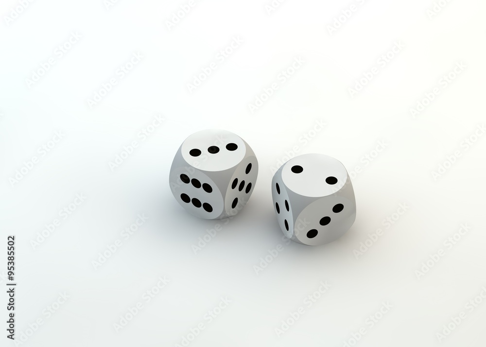 Two white dice thrown to reveal the values three and two Two white dice thrown to reveal the values three and two