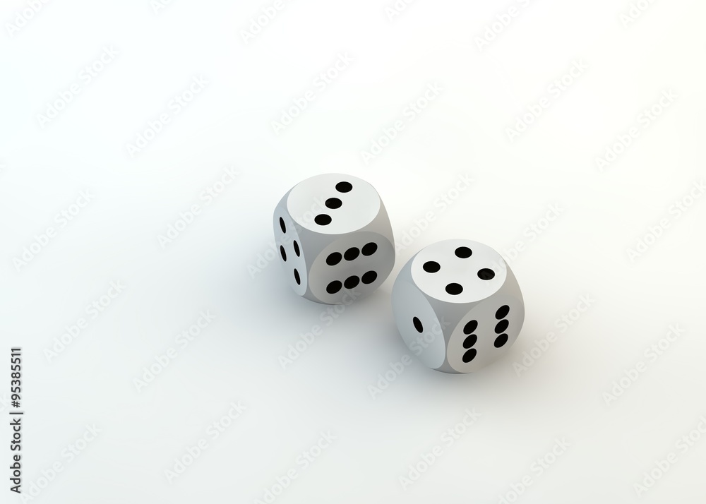 Two white dice thrown to reveal the values three and four