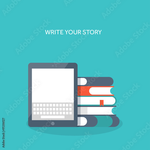 Vector illustration. Tablet with keyboard and books. Study , typing