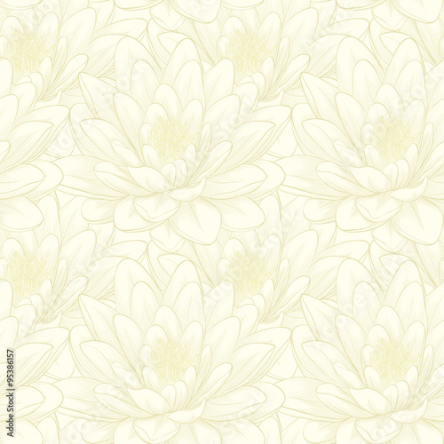 seamless pattern with lotus flowers. Hand-drawn contour lines and strokes.
