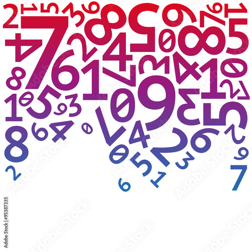 Abstract red, purple and blue random falling digits on white background pattern