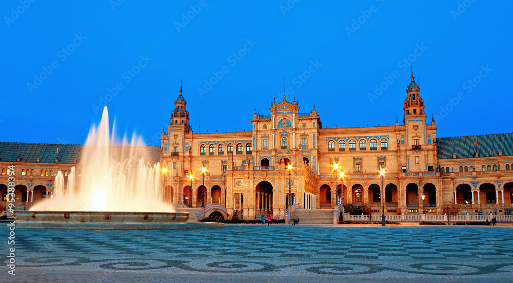 fountain and central building at Plaza de Espana. Seville, Spain