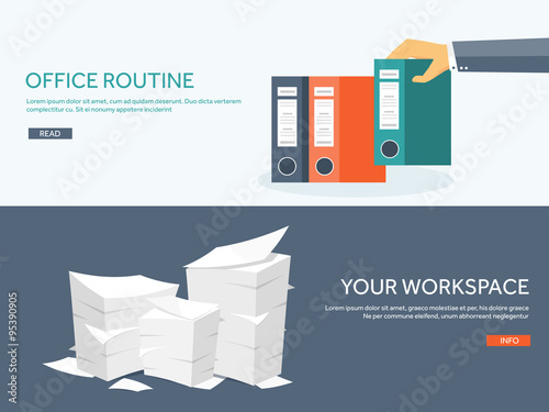 Vector illustration. Flat background Paperwork ,office routine, documents. Workspace. Hand with folders