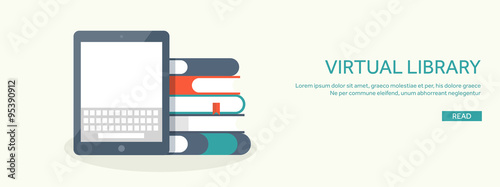 Vector illustration. Tablet with keyboard and books. Study , typing