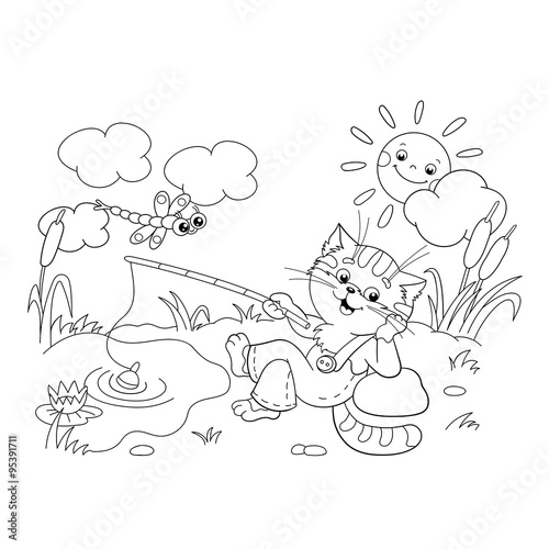 Coloring Page Outline Of a funny cat catching a fish
