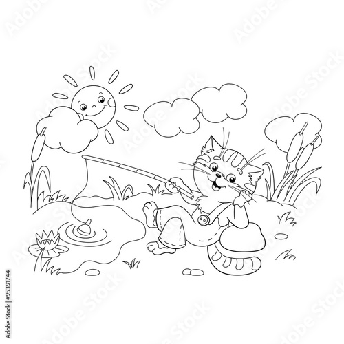 Coloring Page Outline Of a funny cat catching a fish