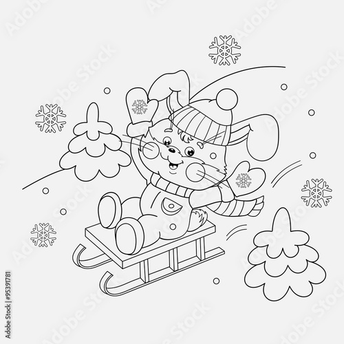 Coloring Page Outline Of a happy Bunny sledding