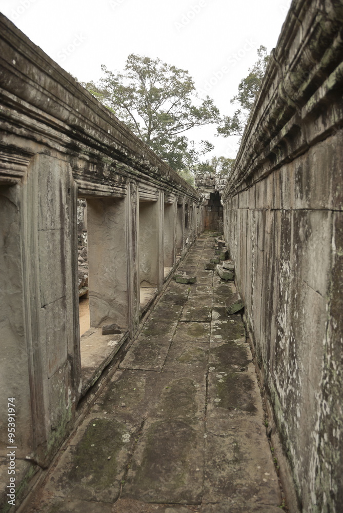 Ancient walls at Angkor Wat complex, Cambodia.