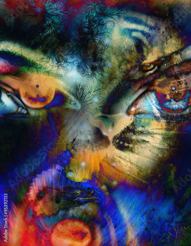 eagle and tiger face and womamn eye on abstract background, with ornaments.
