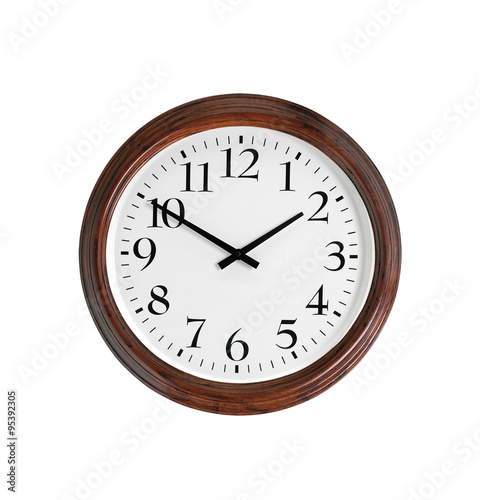 Wall clock with wooden frame isolated on white background