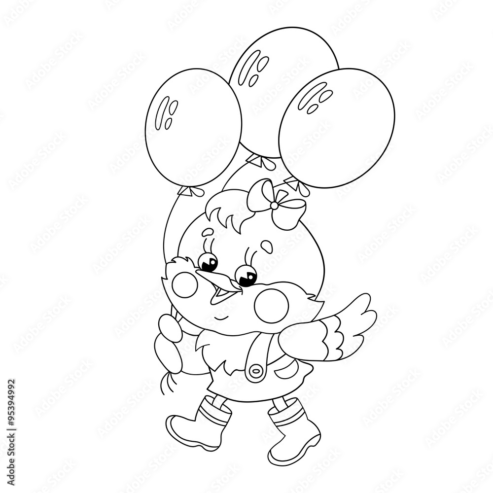 Coloring Page Outline Of a happy chicken walking with a balloon Coloring Page Outline Of a happy chicken walking with a balloon