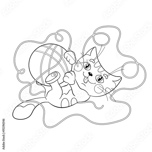 Coloring Page Outline Of a fluffy kitten playing with ball of ya