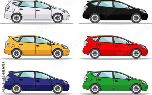 Set of six colored cars isolated on white background in flat style