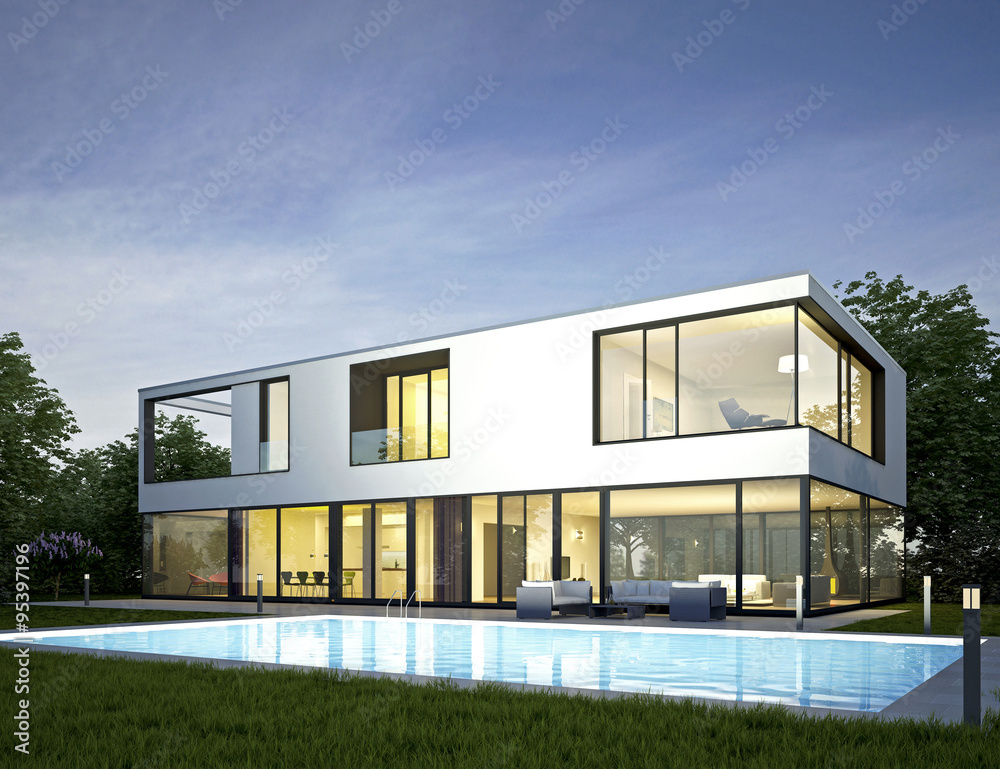Moderne Villa mit Pool 2 am Abend Moderne Villa mit Pool 2 am Abend